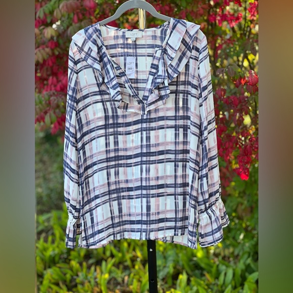 LOFT Tops - LOFT Ruffled V Neck Blouse Blue Soft Pink